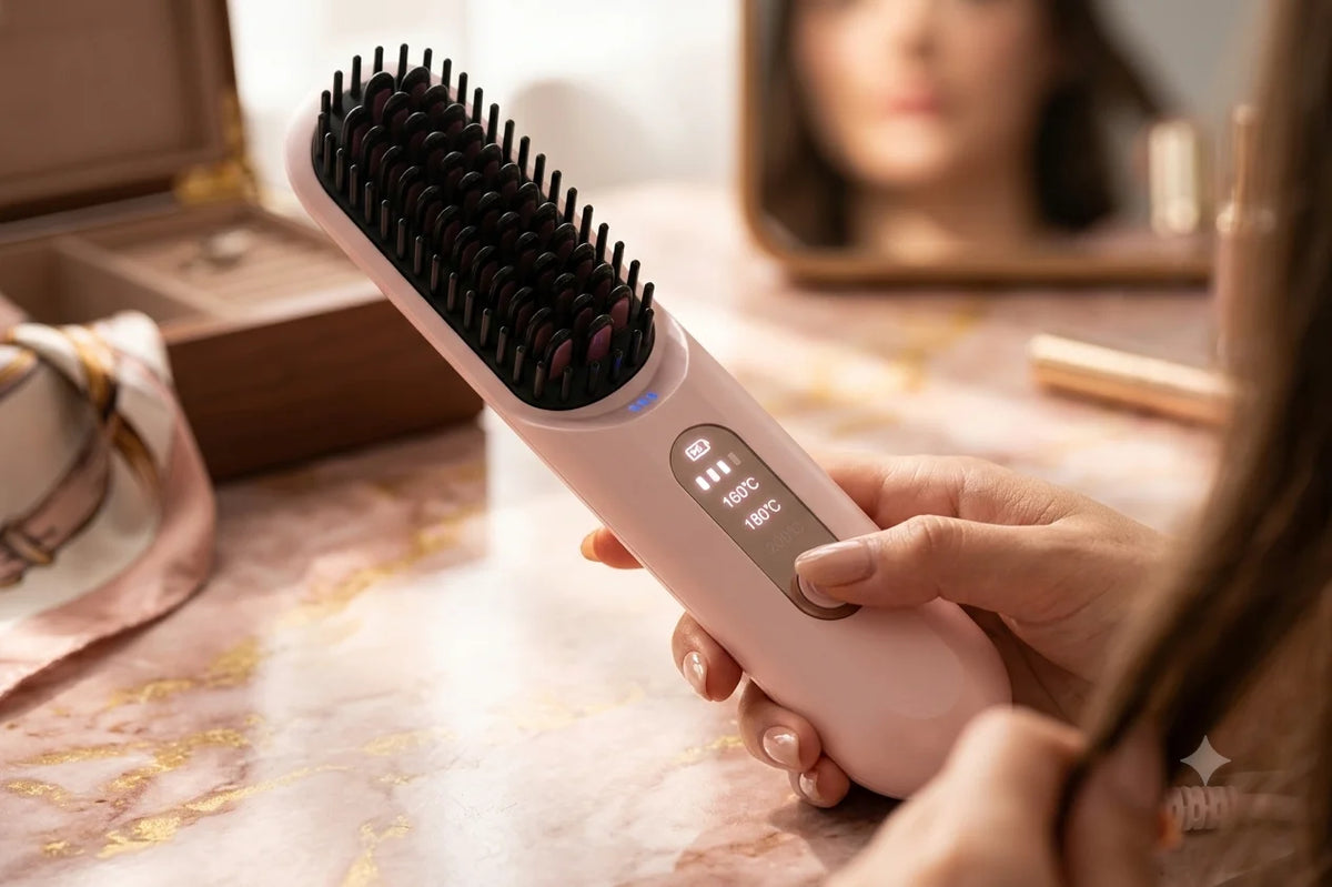 A close-up of a person holding a pink electric hair straightener brush with black bristles, shown in a vanity setting with a mirror and cosmetic items in the background.