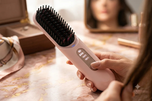 A close-up of a person holding a pink electric hair straightener brush with black bristles, shown in a vanity setting with a mirror and cosmetic items in the background.