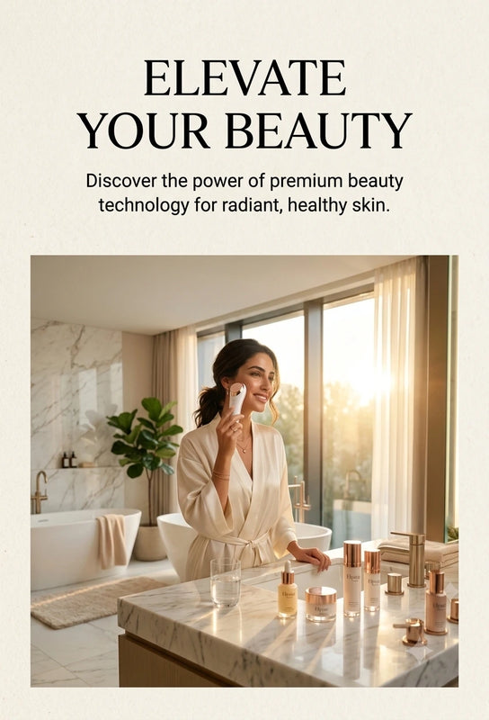Promotional banner with the text 'ELEVATE YOUR BEAUTY' above a lifestyle scene of a woman in a bathroom applying skincare while surrounded by beauty products on a marble counter.