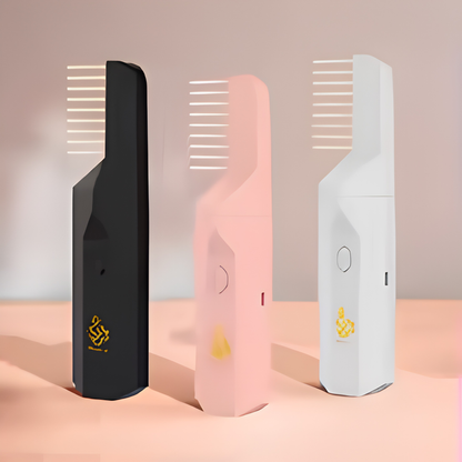 Three electronic combs in black, pink, and white on a beige background