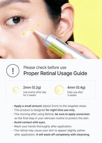 Cosmetic bottle with usage guide for retinol application on a person's face.